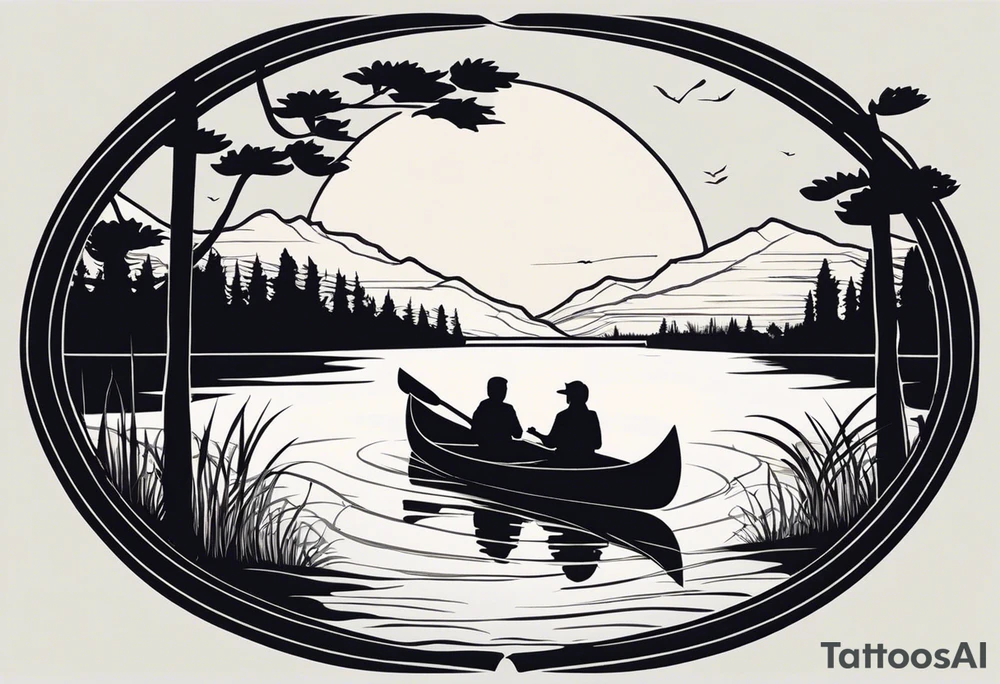The tattoo design depicts a serene nature scene, framed within a semi-circular border. In the foreground, there are two people sitting in a canoe on a calm lake. They are paddling towards the horizon, with one person sitting at the back of the canoe and the other at the front. The back view of the people suggests a peaceful and contemplative moment shared between them.

In the background, there are majestic mountains with peaks covered in snow, creating a dramatic and picturesque landscape. The mountains are flanked by tall pine trees on either side, adding to the wilderness feel of the scene. Above the mountains, a large sun is either rising or setting, casting a tranquil glow over the entire scene. Birds are flying in the sky, adding to the sense of freedom and natural beauty.

The entire scene is rendered in a minimalist, black and white, line-drawing style, giving it a clean and elegant appearance. The semi-circular frame around the design focuses attention on the central elements and adds a sense of completeness to the image. black and white tattoo idea