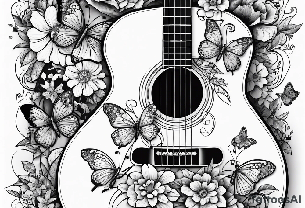 Whole electric acoustic Guitar with flowers growing off the side, butterflies tattoo idea