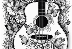Whole electric acoustic Guitar with flowers growing off the side, butterflies tattoo idea