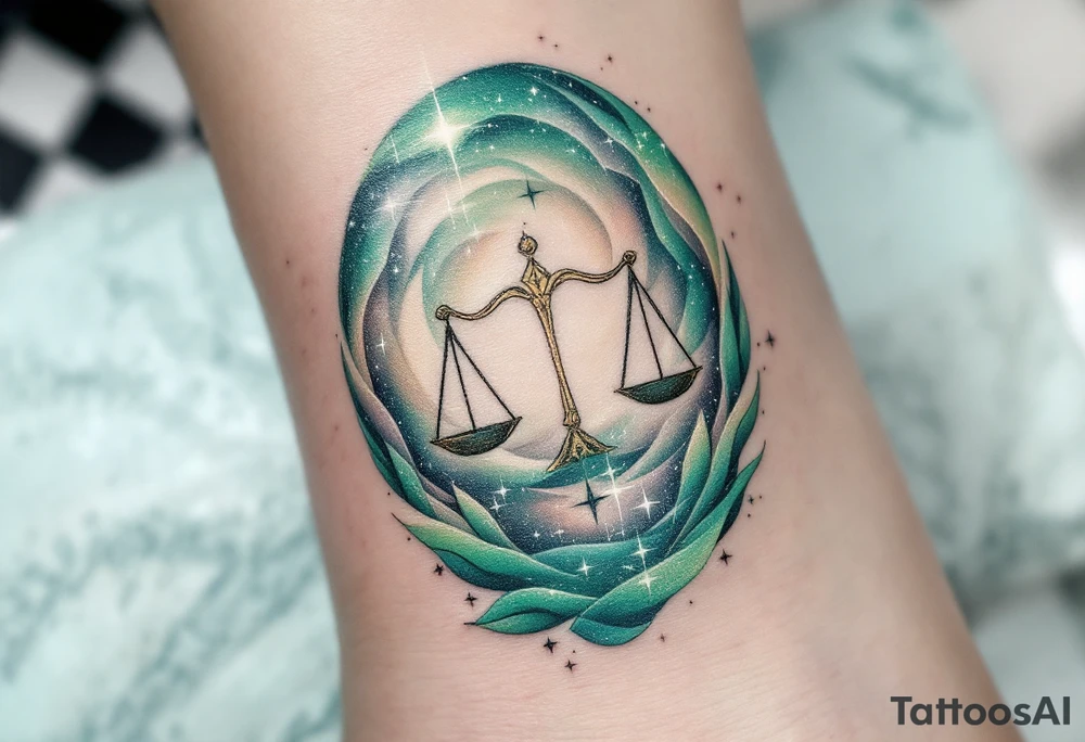 The Libra symbol in soft pastel green shines below a swirling galaxy that reveals the star constellation in white ink. tattoo idea