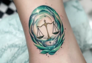 The Libra symbol in soft pastel green shines below a swirling galaxy that reveals the star constellation in white ink. tattoo idea