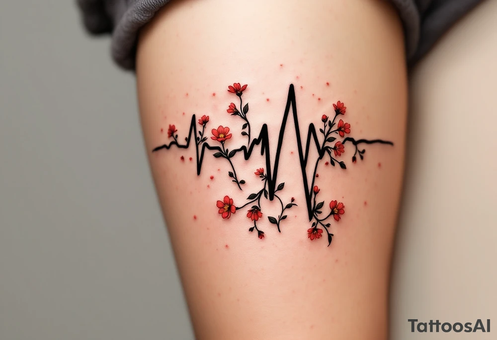A black and gray EKG waveform with small red flowers blooming at the peaks, symbolizing growth and life. tattoo idea