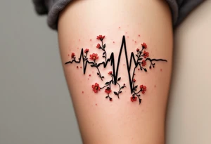 A black and gray EKG waveform with small red flowers blooming at the peaks, symbolizing growth and life. tattoo idea