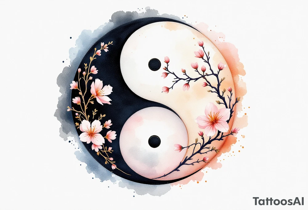 **A beautifully detailed yin-yang symbol**, seamlessly blending **black and white ink**, representing balance and harmony in marriage. The **black half** is adorned with **delicate golden floral engravings**, symbolizing strength and devotion, while the **white half** features **soft pink cherry blossoms**, representing purity and new beginnings. At the center of each half, a **tiny wedding ring** replaces the traditional dots, reinforcing the unity of two souls. The outer edges are surrounded by a **subtle watercolor aura in soft blue and warm peach tones**, symbolizing the blending of two individual energies into one eternal bond. tattoo idea