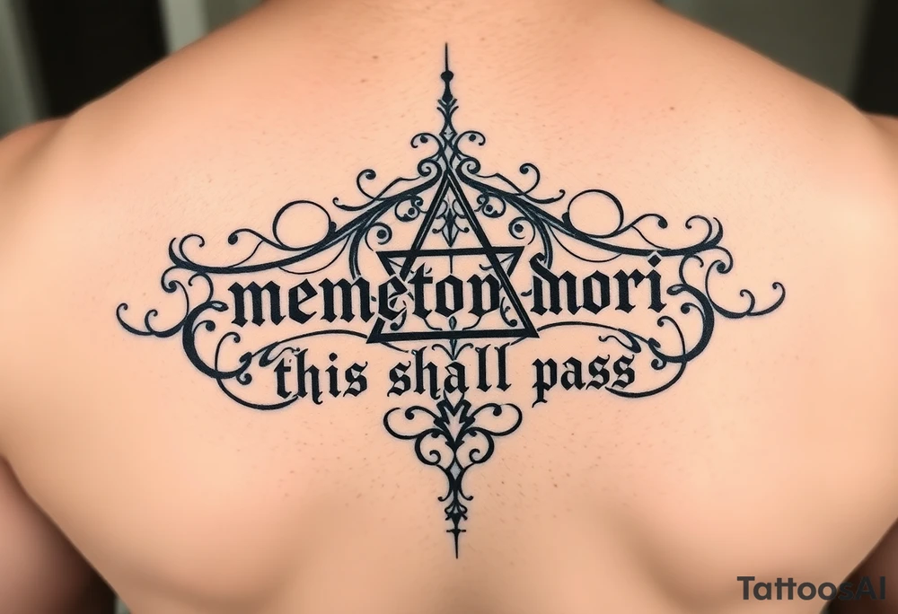 Can you please design a tattoo of an ambigram combining the phrase “memento mori” and “this shall pass” tattoo idea