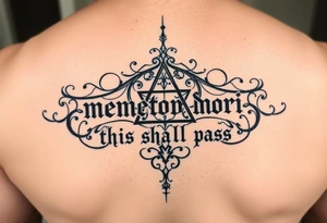Can you please design a tattoo of an ambigram combining the phrase “memento mori” and “this shall pass” tattoo idea