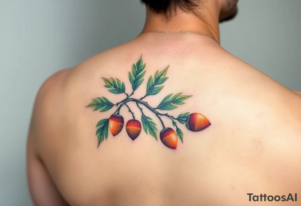 on the forearm an oak branch with thick leaves and acorns tattoo idea