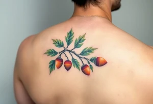 on the forearm an oak branch with thick leaves and acorns tattoo idea