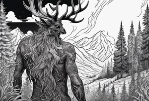 A scary terrifying horrifying rotting bone lore accurate wendigo side profile surrounded by a forest fire in background tattoo idea