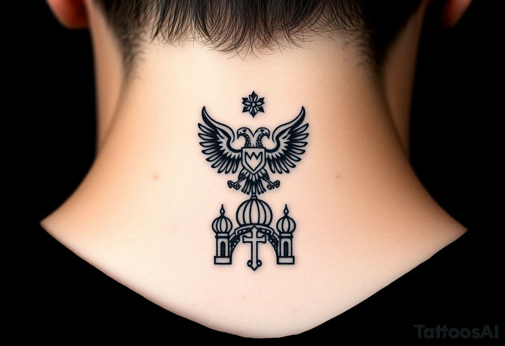 Miniature Echo
A smaller, refined version of your back composition stacked vertically:

Top: Small 8-pointed Russian star 
Middle: Tiny double-headed eagle (simplified, more linework style)
Bottom: Orthodox church dome with a cross tattoo idea