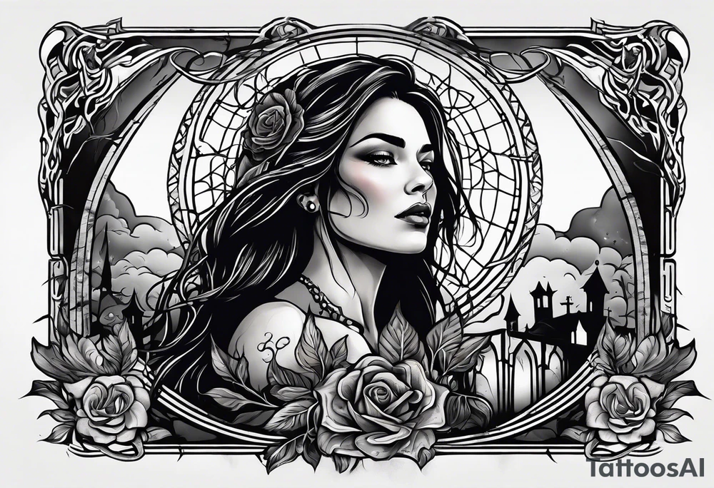 Courageous Woman with a tear running down her face walking out of a graveyard  leaving her old terrifying, scary, violent past behind her ethereal and mysterious tattoo idea