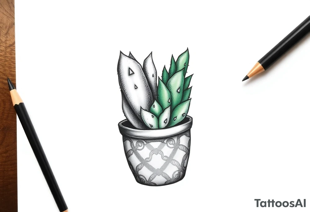 cute cacti and succulent in a pot tattoo idea