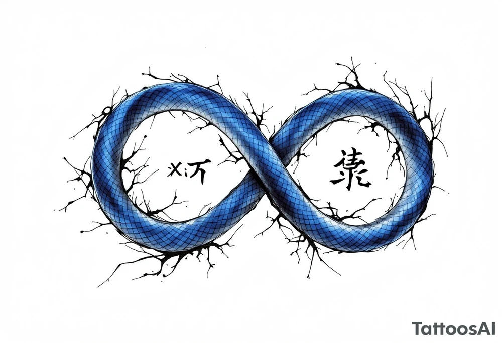 Generate a graphic of a snake. The snake should be a vibrant blue, similar to the color of the snake in the image I've uploaded. The snake should be coiled to form an infinity symbol. Within the two loops of the infinity symbol, leave two distinct empty spaces. These spaces are reserved for the placement of the 'xin' and 'yungun' symbols. The overall style should be clean and modern. and i uploaded the image of the snake too. tattoo idea