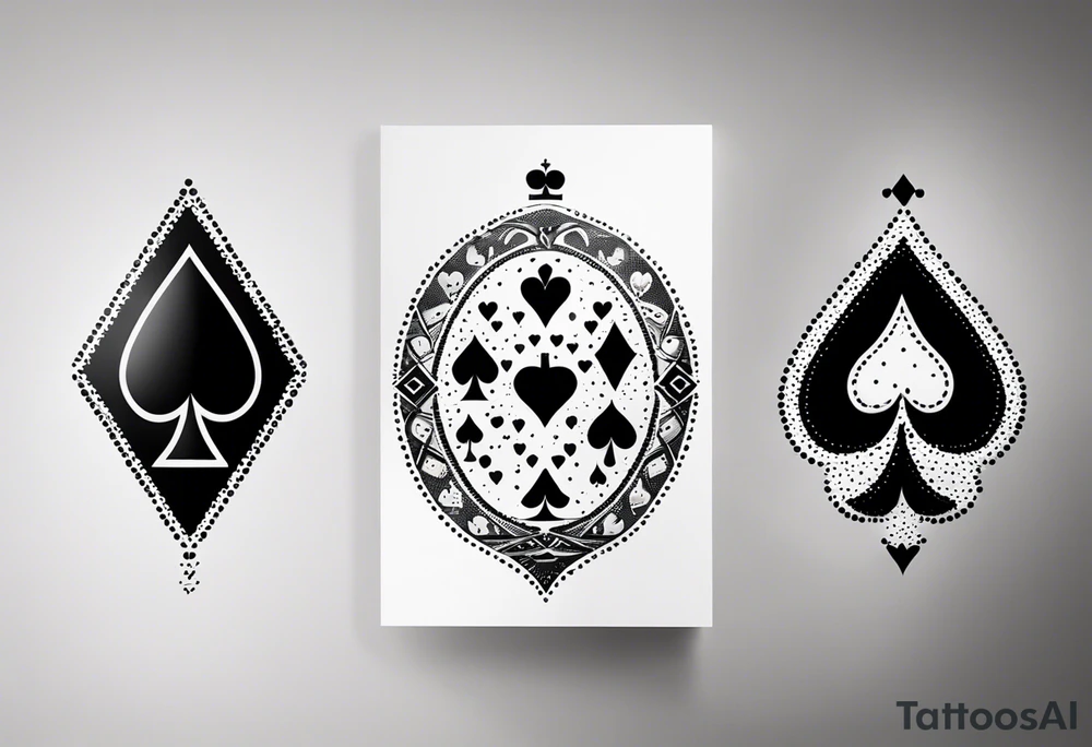 one combined tatto in minimalistic style with icon style three king of spades and icon style one queen of hearts. extreme minimalstic and few lines. much more minimalistic and fewer lines tattoo idea