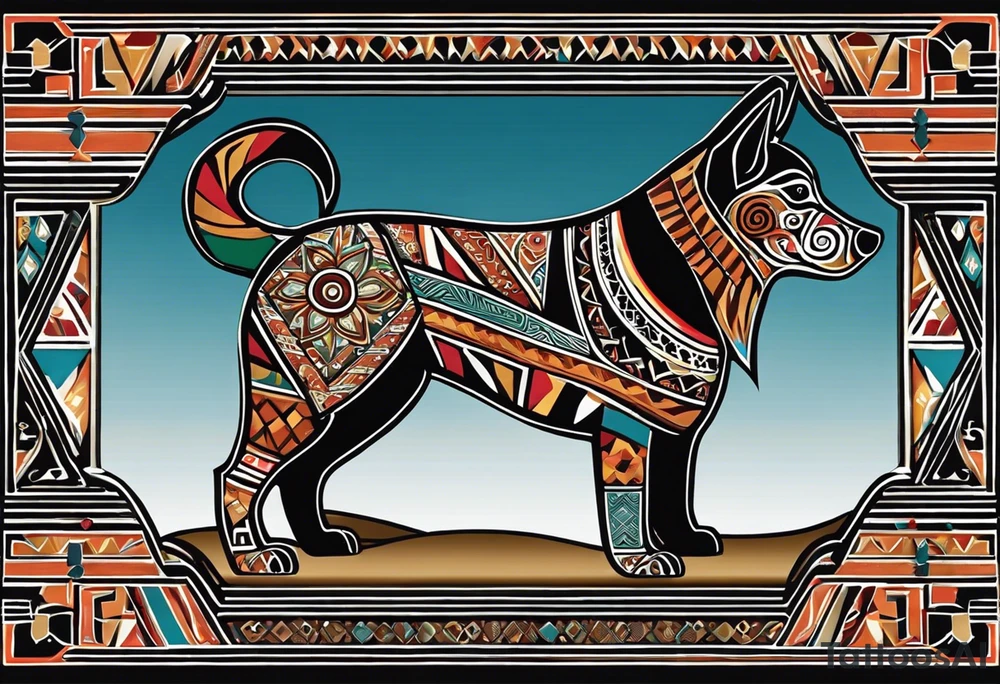 {
  "prompt": "Create a detailed tribal-style image of a dog for the back of a deck of cards. The dog should be depicted symmetrically, with intricate patterns made of bold lines and geometric shapes. Incorporate traditional tribal art elements, such as swirling motifs, detailed ornamentation, and dynamic, flowing lines to convey strength and mysticism. Ensure the overall composition is balanced and centered. The background should be simple, allowing the intricate design of the dog to stand out prominently and create a visually striking, powerful, and elegant design.",
  "size": "1024x1024"
} tattoo idea