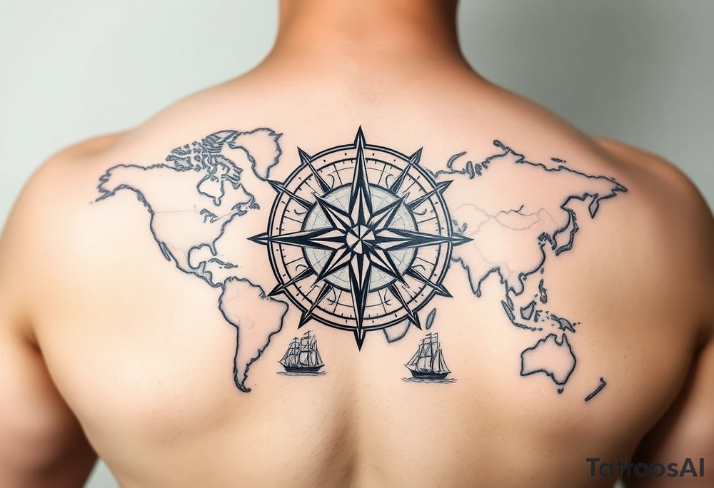 antique compass rose overlaid on weathered world map with sailing ships tattoo idea
