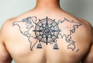 antique compass rose overlaid on weathered world map with sailing ships tattoo idea