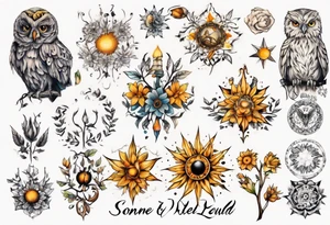 sonne, eule  wald, 
blume des lebens, 
baum tattoo idea