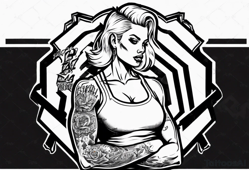 Blonde tattooed woman flexing one bicep with a banner tattoo idea