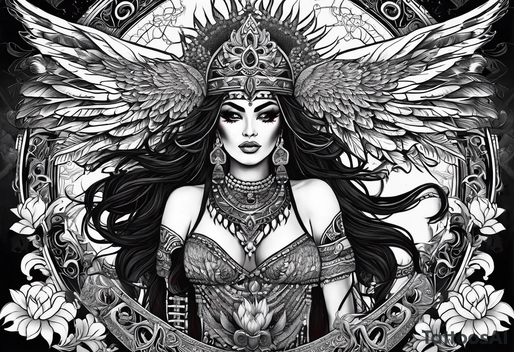 kali, goddess pirate, pachamama, warrior, skull, lotus azul, wing, eagle, zenza resonance tattoo idea