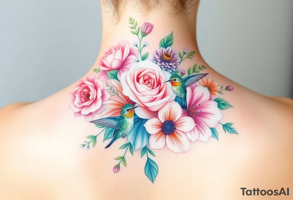 Bouquet of flowers With pastel carnation, Aster, rose, Lily, two Larkspur,  narciussus, And two little hummingbirds. tattoo idea