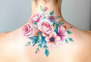 Bouquet of flowers With pastel carnation, Aster, rose, Lily, two Larkspur,  narciussus, And two little hummingbirds. tattoo idea