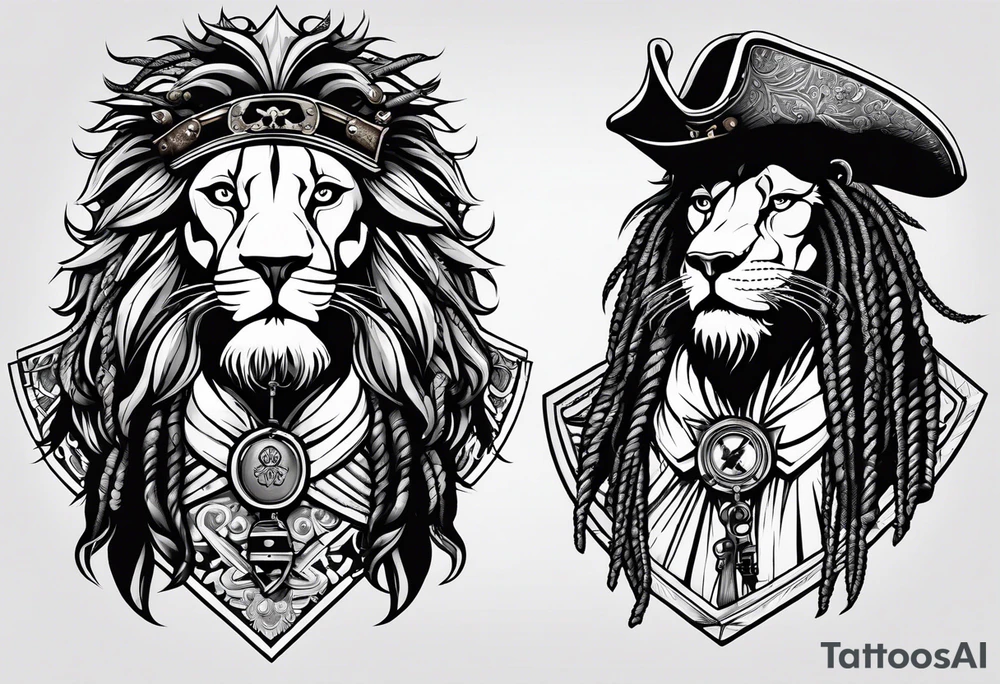 Pirate lion wearing jacket, sword and pistol, nautical steampunk theme. dreadlocks. tattoo idea
