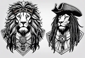 Pirate lion wearing jacket, sword and pistol, nautical steampunk theme. dreadlocks. tattoo idea