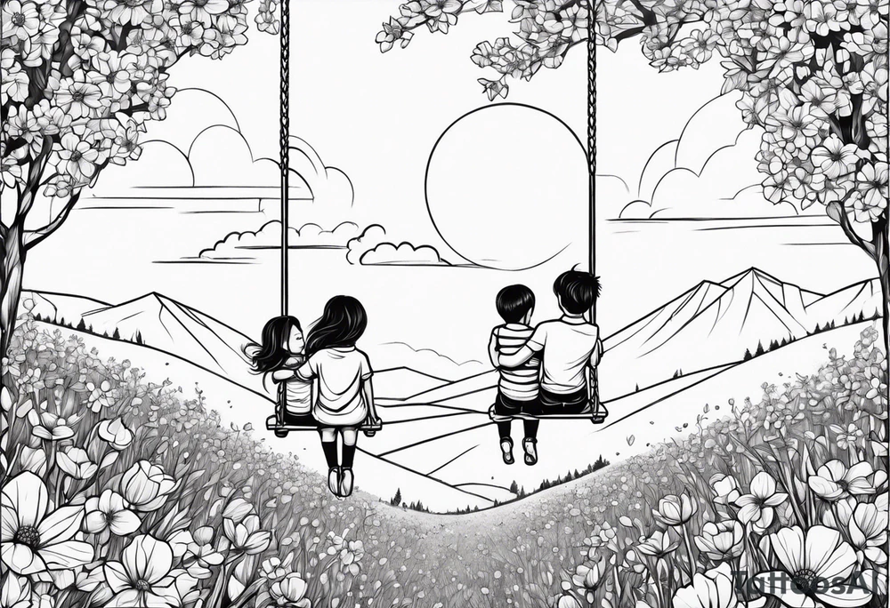 Mom with son and daughter on a swing in the distance in a field of flowers tattoo idea