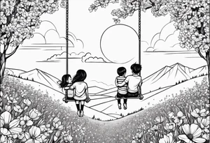 Mom with son and daughter on a swing in the distance in a field of flowers tattoo idea