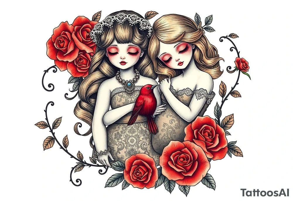 Vintage dollies, red roses, lace, red bird, vintage, wrap around, tighter together, no space open tattoo idea