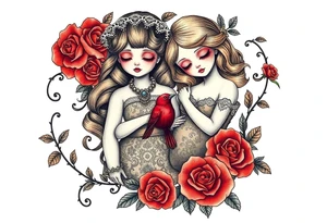 Vintage dollies, red roses, lace, red bird, vintage, wrap around, tighter together, no space open tattoo idea
