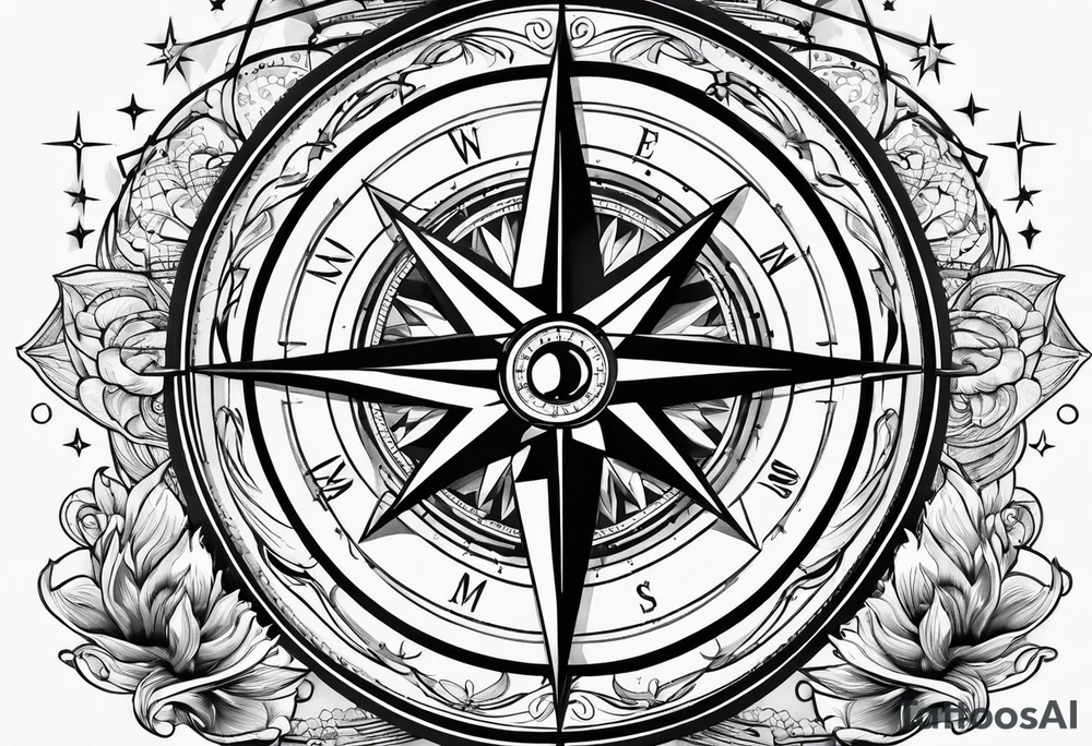 compass surrounded by stars and waves tattoo idea