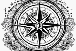 compass surrounded by stars and waves tattoo idea