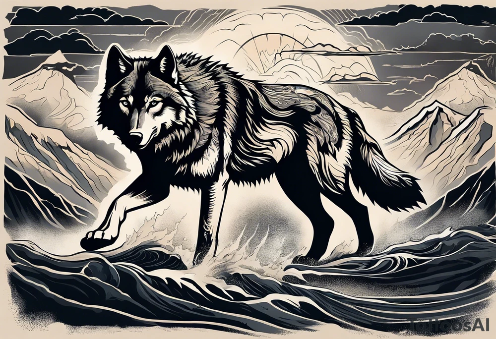 tattoo of a lone wolf navigating through a rugged landscape, with each obstacle representing a life battle – rocky terrain symbolizing challenges, storm clouds signifying hardships, and wild rivers representing struggles. The wolf is depicted with piercing eyes and a determined expression, embodying resilience and strength as it forges ahead. In the background, a subtle glow of sunlight breaks through the clouds, symbolizing hope and perseverance. Alongside the wolf, the phrase "Endure and Conquer" is inscribed in bold, minimalist lettering, encapsulating the theme of overcoming adversity with resilience and determination. tattoo idea