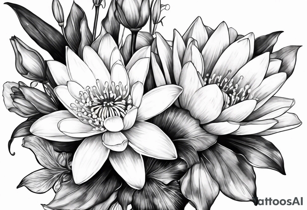 Water Lily, Lily of the Valley, Narcissus, and Gladiolus flower bouquet tattoo idea