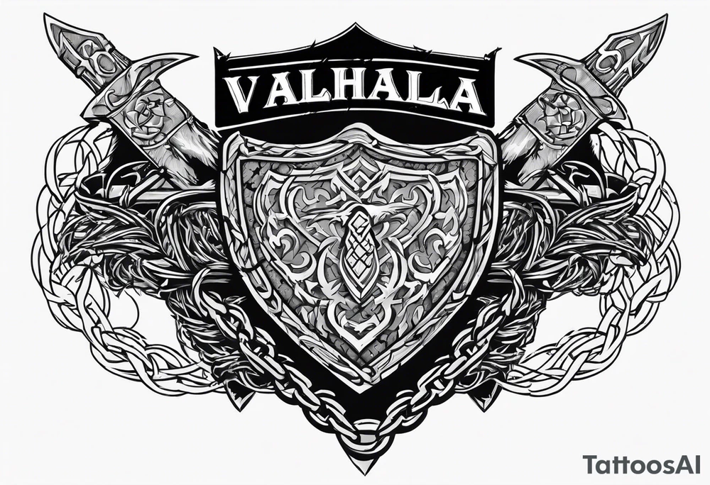 Valhalla round shield axe barbed wire chains tattoo idea