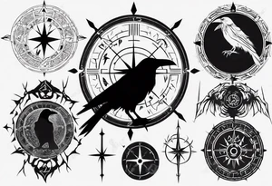 raven silhouette over a viking compass with runes tattoo idea