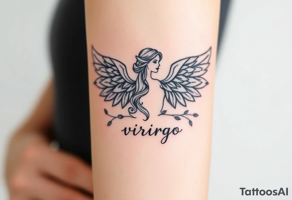 A divine woman with  wings made of delicate lace and vines, symbolizing Virgo’s purity and the word virgo tattoo idea