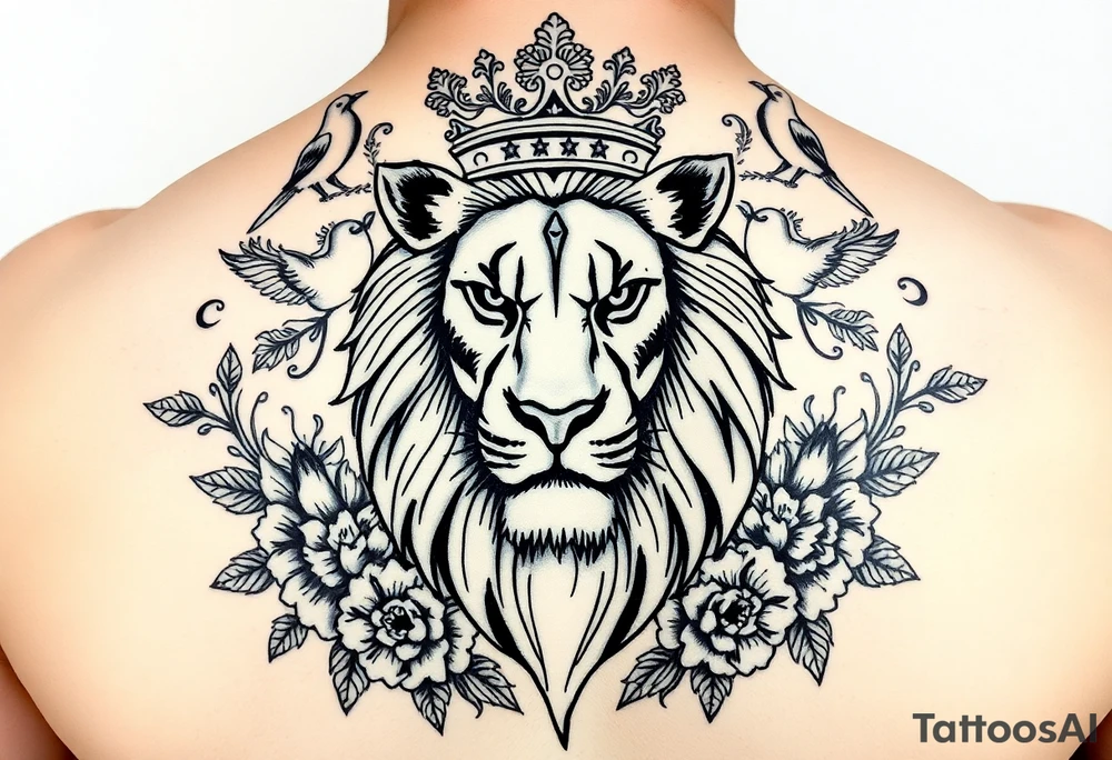 powerful majestic lion with a crown, surrounded by floral ornaments and birds tattoo idea