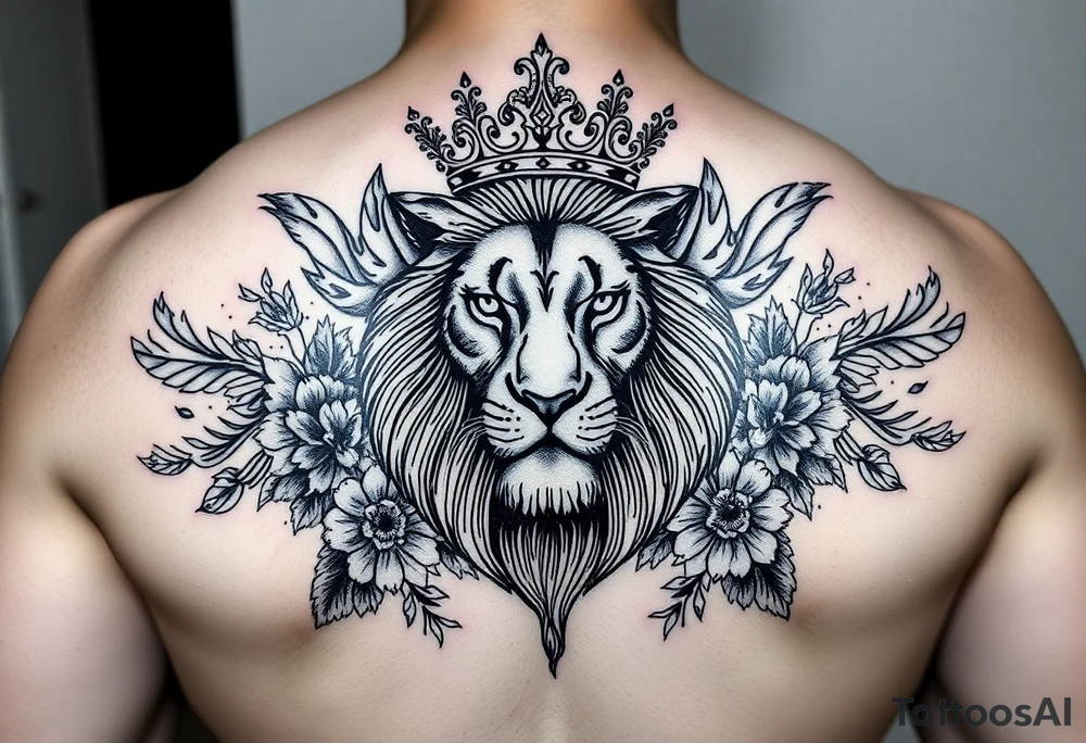 powerful majestic lion with a crown, surrounded by floral ornaments and birds tattoo idea