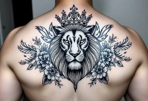 powerful majestic lion with a crown, surrounded by floral ornaments and birds tattoo idea