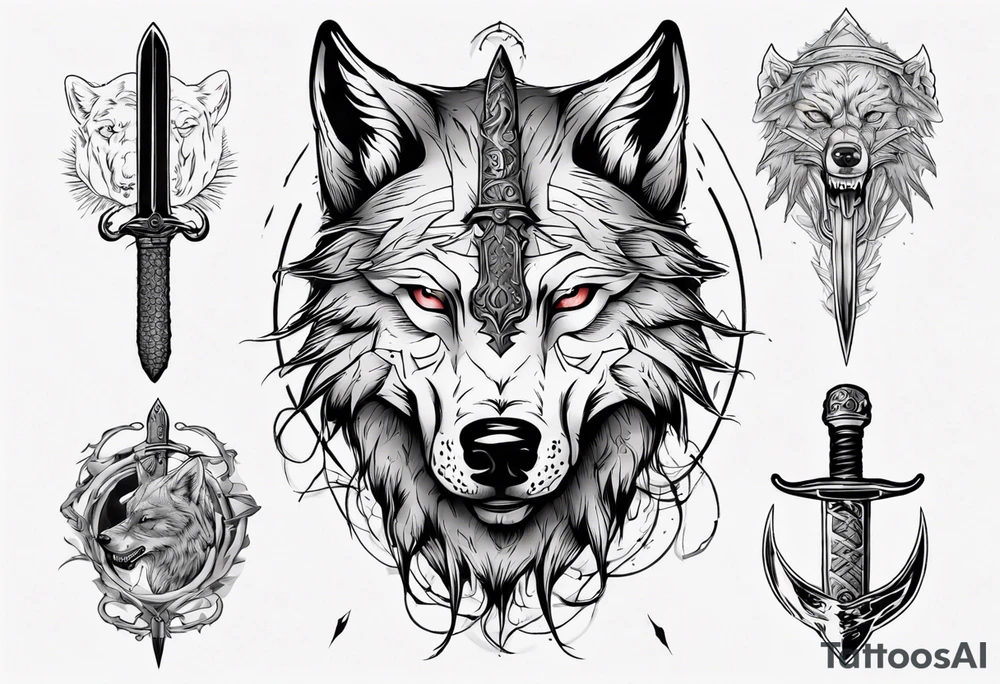 wolf head with sword in background tattoo idea