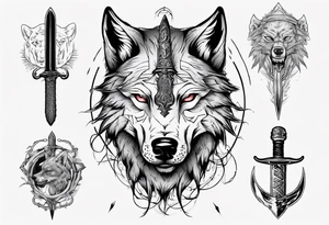 wolf head with sword in background tattoo idea