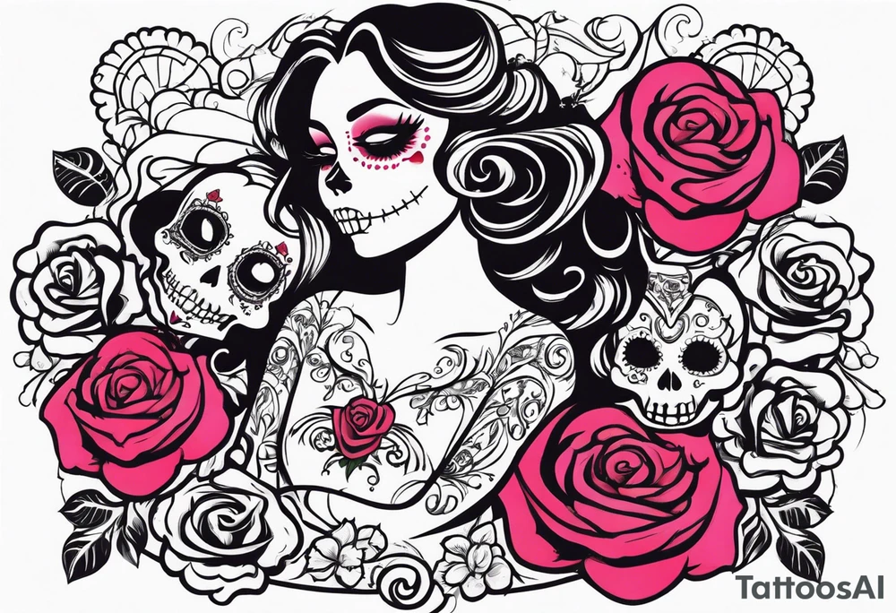 chest tattoo, from shoulder to shoulder, covering lover part of the neck. contains skulls, roses and muertos style girls tattoo idea