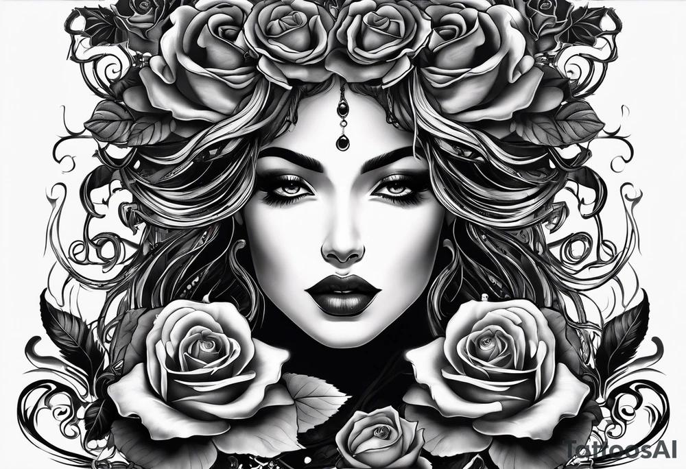 Medusa black roses, her story, just her head, rare, unique Mystic, mythical snakes, scales black shadow Beauty tattoo idea