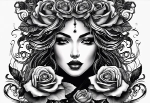 Medusa black roses, her story, just her head, rare, unique Mystic, mythical snakes, scales black shadow Beauty tattoo idea