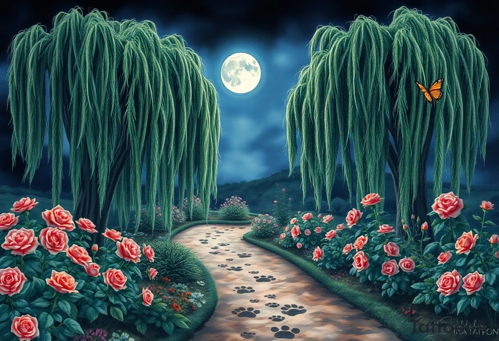 Night time.  weeping willow garden with roses and liles flower beds. fantasy creatures, fairies, mermiads, dragons butterflies,  cat paw prints path in dirt. tattoo idea