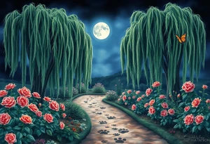 Night time.  weeping willow garden with roses and liles flower beds. fantasy creatures, fairies, mermiads, dragons butterflies,  cat paw prints path in dirt. tattoo idea