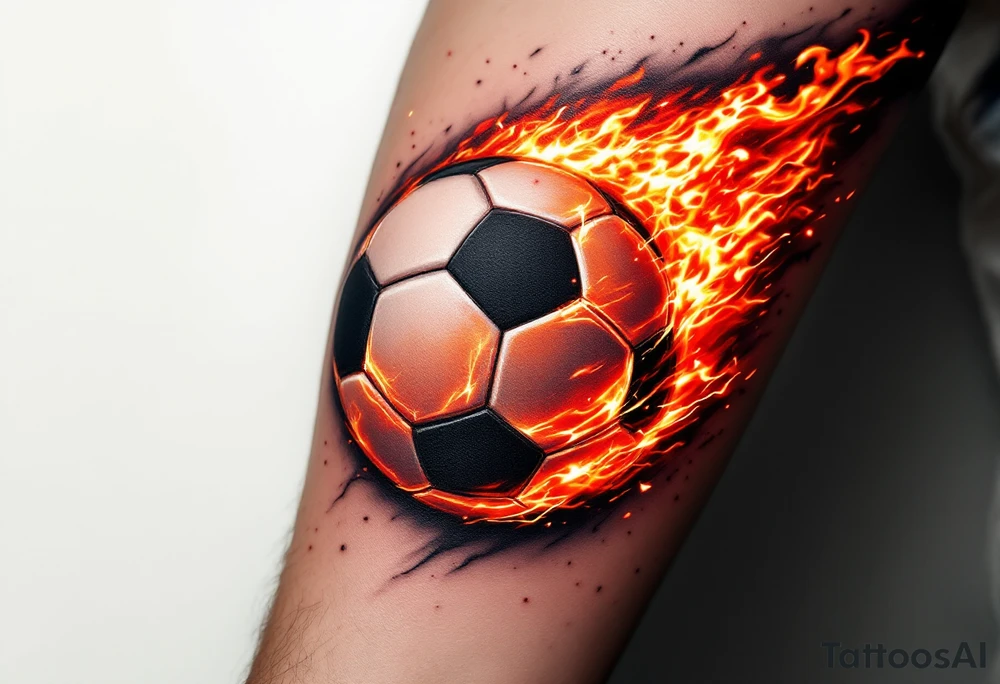 A hyper-realistic soccer ball on fire, shaded in deep reds, oranges, and black. tattoo idea